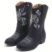 Black Rose Embroidered Kids Boots, Cool & Stylish Vintage Fashion Versatile Lightweight Soft Sole Anti-Slip - Black - View 3