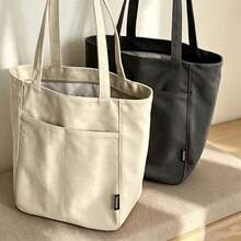 1pc Large Capacity Solid Color Minimalist Women's Fashion Canvas Tote Bag With Zipper Closure, Cotton Lining, Multi-Purpose For Summer, Autumn, Winter - A - View 1