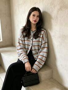 Women Retro Round Neck Contrast Stripe Long Sleeve Sweater Cardigan Color Block Drop Shoulder Sweater–Fall Winter Loose Casual Versatile Fashion - Multicolor - View 10