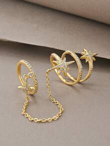 18K Gold-Plated Linked Ring With Exquisite Full-Circle Rhinestones, Stackable Ring, Hypoallergenic Fashion Jewelry, Perfect Mother's Day Gift, Summer Beach Vacation Accessory - Gold - View 2