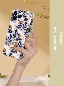 1pc White TPU Vintage Navy Blue Hand-Painted Floral Pattern Full Coverage Anti-Drop Phone Case And 1pc White Vintage Navy Blue Hand-Painted Floral Pattern Wrist Strap, Suitable For Versatile Phone Case/Lanyard Phone Case/Interesting Phone Case/Android Phone Case - Multicolor - View 3