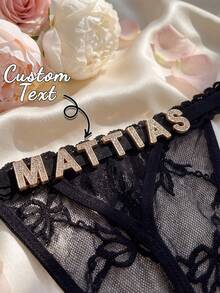 Customized Name Letter Pendant Lace Thong Panties, Personalized Sparkling Rhinestone Sexy Lingerie, Creative Gift For Women's Birthday, Anniversary, Valentine's Day - Black - View 10