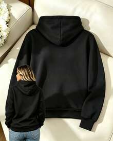 sudadera unicolor con capucha y diseño en los cordones ajustables  Liso    Casual    Bolsillo  Cordón    Colegio - Negro - Ver 2