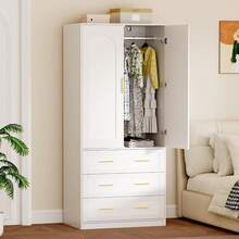71 Inch Wooden Armoire Wardrobe Closet With 3 Drawers, Freestanding Clothes Storage Cabinet With Hanging Rod For Bedroom, Entryway, Living Room - 1 - View 3