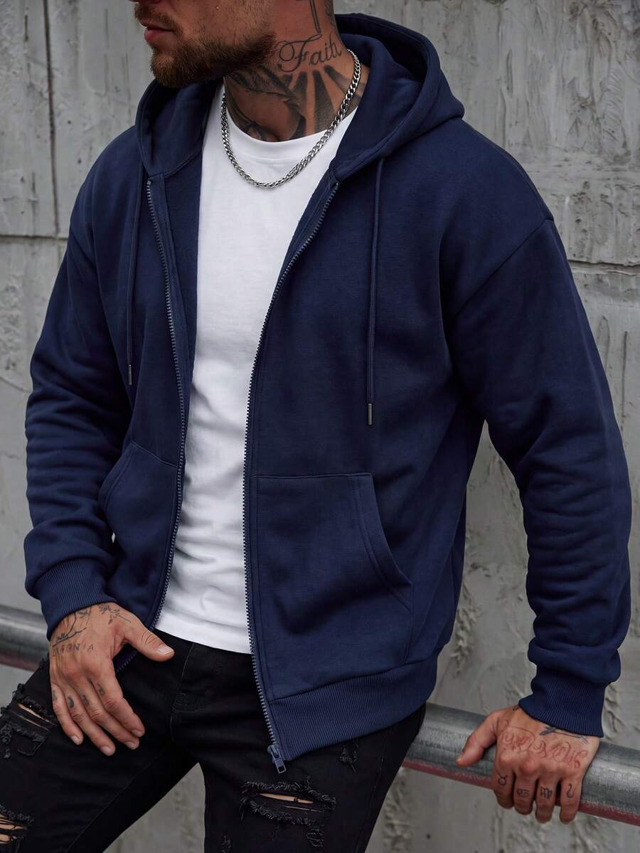 Men's Full Zip Hooded Sweatshirt, Solid Color Loose Casual Long Sleeve Jacket - Navy Blue - View 1