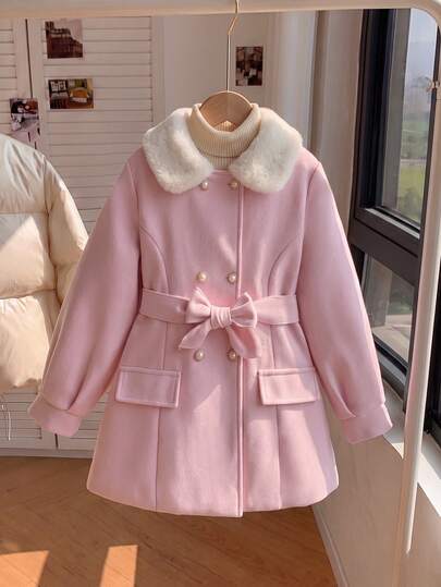 Girls' Pink Mid-Length Wool Coat With Fur Collar, Double-Breasted Pearl Buttons, Cinched Waist Belt, Large Fur Collar, Autumn/Winter Style, Cinched Waist A-Line Silhouette, Dragon And Phoenix Pattern Fabric, Long Coat For Girls, Suitable As A Gift For Autumn/Winter