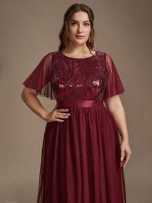 EVERPRETTY Plus Size Elegant Luxury Heavy Embroidery Sequin Mesh Patchwork Ruffle Sleeve A-Line Burgundy Formal Evening Gown For Evening Party Wedding Guest - Burgundy - View 2