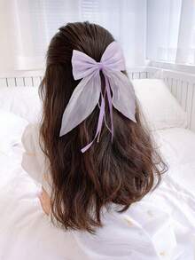 10pcs Girls Solid Color Mesh Chiffon Bow Hair Clips With Pearl Chain, Children Hair Accessories Top Clip Back Clip Side Clip Alligator Hair Clip For Daily Use - Multicolor - View 3