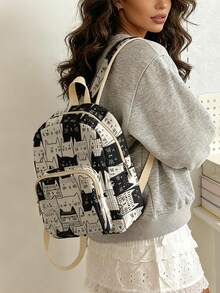 1 Piece Backpack, Women's Mini Backpack, Corduroy Girl's School Bag, Travel Storage Bag, Kitten‑Printed Design, Large‑Capacity Foldable Easy‑To‑Store Bag, Lightweight And Pressure‑Relieving, Multi‑Pocket Layered Design With Zipper Closure - Cartoon Kitten - View 2
