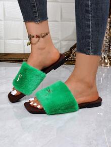 Women's Autumn/Winter Fashion Fuzzy One-Strap Slides, Metal Bow Decor Open Toe Flat Slippers, Soft Comfortable Home & Outdoor Fuzzy Slippers - Green - View 3