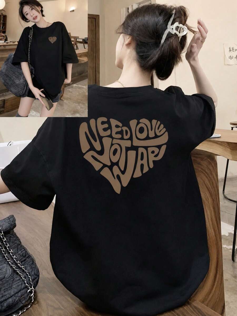 Women's Casual Round Neck Loose Fitting Letter & Heart Print Short Sleeve T-Shirt, Versatile For Spring/Summer Black - Black - View 1