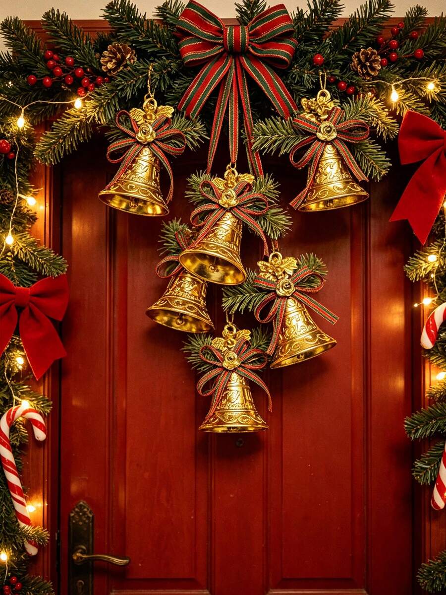 6/1pc Christmas Hanging Bell Decorations, Plastic Bells With Bow Decorations - Golden Bell Christmas Tree Decorations, Suitable For Holiday Parties, Christmas Tree Decorations, Festive Decorations, Decorating Doors - one-size - View 1