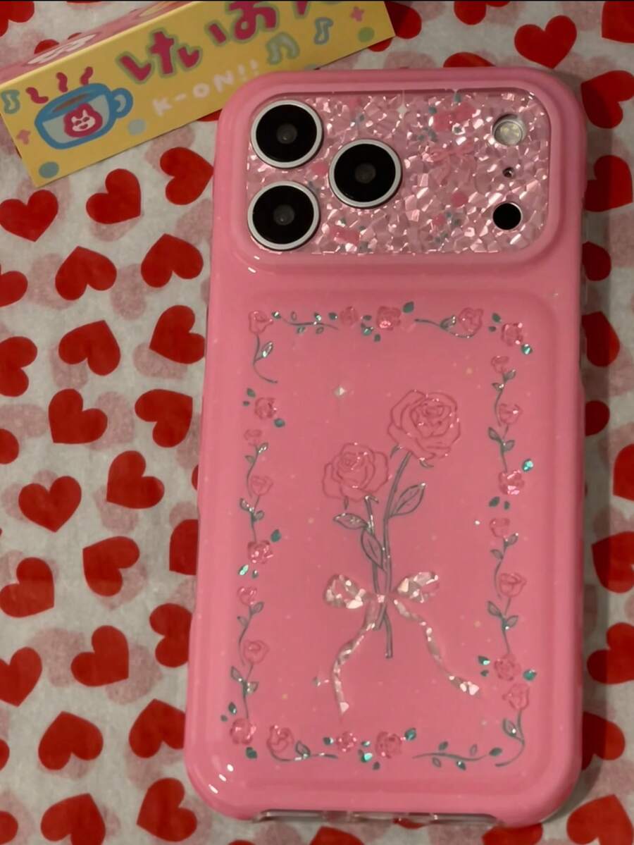 Ins Vintage Laser Rhinestone Vine Hibiscus Flower 17 Pro Max Apple 16 Phone Case 15 Fresh Japanese Korean Cartoon Personalized Creative 14 Shockproof Protective Cover 18 Pro Max Niche 18 - Hot Pink - View 1