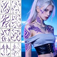 8 Sheets Purple Abstract Thorn Temporary Tattoo Stickers, Long-Lasting Easy To Apply Waterproof Cool Geometric Line Face Neck Arm Body Decals For Music Festival Cyberpunk Cosplay Night Club - Purple - View 12