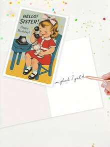 OBOVAY 1pc "Hello! Sister! Happy Birthday!" Retro Birthday Card With Envelope, Vintage Girl & Cat Design, Sweet Nostalgic Greeting For Sisters, Suitable For Birthdays & Celebrations, Blank Inside - New Arrival - View 7