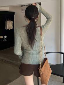 Sweater Vintage Seksi untuk Wanita, Model Baru, Blok Warna, Potongan Ramping, Atasan Kerah Mewah, Patchwork Acak, Musim Gugur - Hijau - View 3