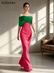 ELYRADIA Gaun Maxi Mermaid Tanpa Tali dengan Detail Sambungan Elegan untuk Wanita, Gaun Malam Formal untuk Tamu Pernikahan, Prom, Pesta & Koktail - Hot Pink - View 6