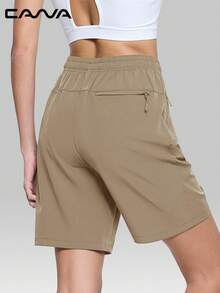 Cavva Women's Quick-Dry 5" Lightweight Breathable Elastic Waist Drawstring 3 Zipper Pockets Outdoor Hiking Casual Shorts (Runs Large, Recommend Sizing Down) - Khaki - View 2