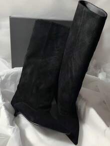 法式博主風尖頭寬筒及膝靴，Ins北歐風小貓跟女款騎馬靴 - 黑色 - 查看 6