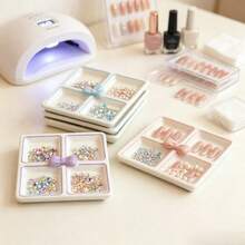 1pc Mini 4-Grid Nail Glitter Storage Box & Nail Color Palette, With Bow Decoration, 2-In-1 Watercolor Palette, Multi-Purpose Nail Rhinestone & Pearl Storage Tray - Multicolor - View 10