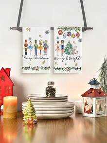 2pcs Christmas Nutcracker Ballet Girl Pattern Kitchen Towels, Dishcloths And Face Cloths, Christmas Tree And Snowball Print, Absorbent Cleaning And Drying Cloth, Holiday Kitchen And Dining Table Decor, Suitable For Kitchen, Dining Room And Bathroom - Green - View 3