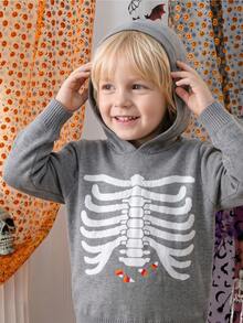 Sweater Rajut Lengan Panjang Berkerudung Motif Tulang Kerangka Halloween Keren untuk Anak Laki-laki, Cocok untuk Kasual Sehari-hari, Pesta Halloween, Musim Semi, Musim Gugur, Musim Dingin - Grey - View 3