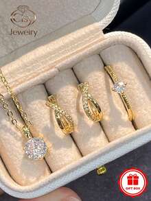 1 Set Of 4 Elegant Cubic Zirconia Necklace, Ring, Earrings, Women's Wedding Anniversary Gift (Gift Box Not Included) - 1# - View 10