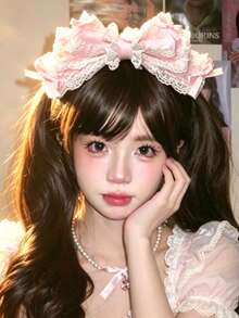 1件裝粉色蕾絲蝴蝶結髮箍 優雅3D蝴蝶結蘿莉塔風女款時尚Cosplay髮飾 - 粉色 - 查看 2
