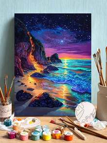 1 Set Of Digital Painting Set, Suitable For Beginners, Aurora By The Sea At Night-Adult Beginner Set, Birthday Gift, Anniversary Gift, Holiday Gift, Home Decoration. - A - View 1