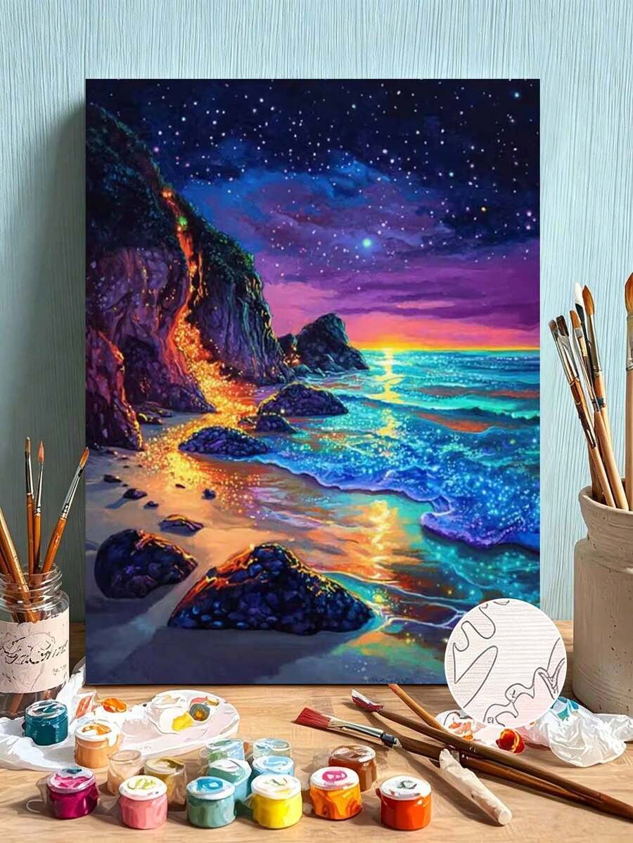 1 Set Of Digital Painting Set, Suitable For Beginners, Aurora By The Sea At Night-Adult Beginner Set, Birthday Gift, Anniversary Gift, Holiday Gift, Home Decoration. - A - View 1
