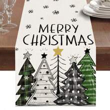 1pc Christmas Table Runner, Merry Christmas Plaid Christmas Tree Snowflake Print Table Runner, Holiday Table Home Decor, Accessories Not Included - Multicolor - View 8