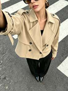 Khaki Double-Breasted Lapel Short Trench Coat, Loose Fit Slimming Casual Commuter Everyday Versatile Short Jacket - Khaki - View 1