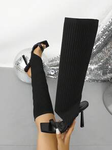 Women's Square Toe Knitted Knee-High Boots, Stiletto High Heel Evening Boots - Black - View 1