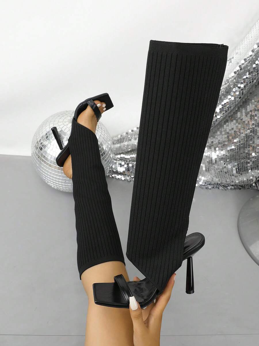 Women's Square Toe Knitted Knee-High Boots, Stiletto High Heel Evening Boots - Black - View 1