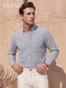FEIAO Men's Vintage Style Blue & White Striped Long Sleeve Shirt, Fashionable & Versatile, Suitable For Commuting And Formal Occasions - Blue and White - View 3