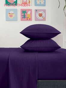 HONEYMOON 3/4 Piece Solid Color Bedding Set (3 Piece = 1 Fitted Sheet + 1 Flat Sheet + 1 Pillowcase, 4 Piece = 1 Fitted Sheet + 1 Flat Sheet + 2 Pillowcases), 100% Polyester Fabric, Ins Style, Fits 9-12 Inch Deep Pockets, Shrink-Resistant, Machine Washable, Suitable For All Sizes, All Seasons, Home And School Dorm Use, Back To School Essential, Deep Purple - Dark Purple - View 1