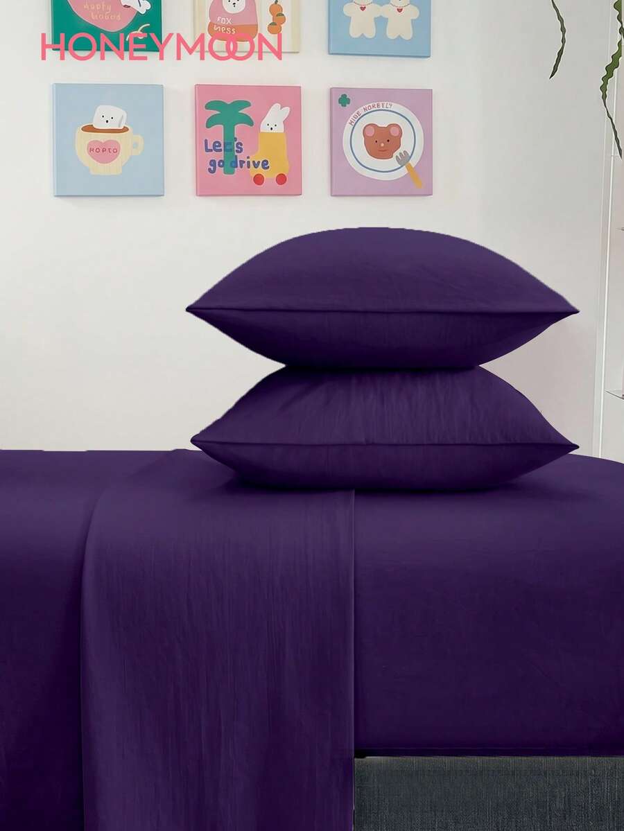 HONEYMOON 3/4 Piece Solid Color Bedding Set (3 Piece = 1 Fitted Sheet + 1 Flat Sheet + 1 Pillowcase, 4 Piece = 1 Fitted Sheet + 1 Flat Sheet + 2 Pillowcases), 100% Polyester Fabric, Ins Style, Fits 9-12 Inch Deep Pockets, Shrink-Resistant, Machine Washable, Suitable For All Sizes, All Seasons, Home And School Dorm Use, Back To School Essential, Deep Purple - Dark Purple - View 1