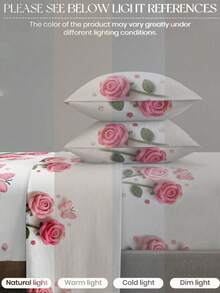 Set Sprei 4 Potong Motif Mawar Merah Muda & Kupu-kupu dengan Efek Rajutan, Set Sprei Lembut dan Mudah Perawatan, Set Sprei Fitted (1 Sprei Datar + 1 Sprei Fitted + 2 Sarung Bantal), Set Sprei Fitted Ukuran King/Queen/Full/Twin, Kantong Dalam Hingga 11,8 Inci - MultiWarna - View 6