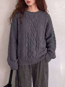 Women's Classic Slimming Cable Knit Crew Neck Pullover Sweater, Autumn/Winter - Dark Grey - View 1