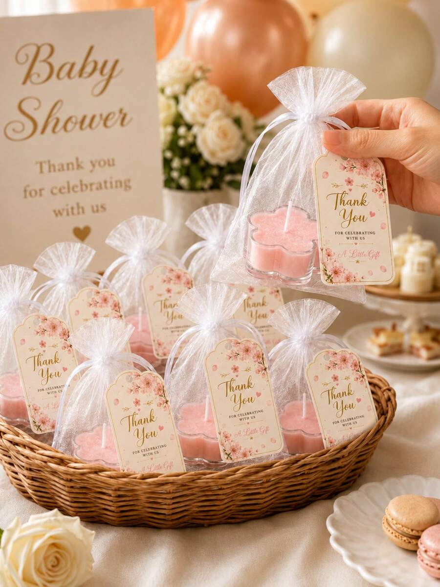 1/6/12 Sets Light Pink Floral Candles Party Favors, Includes Organza Bags And Thank You Cards, Suitable For Baby Shower, Baptism, First Communion And Birthday Guest Gifts