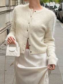 Live To Mo Women's White Crew Neck Cropped Knit Cardigan, Elegant Casual Long‑Sleeve Sweater Coat For Fall Winter Back To School & Business Daily Wear - Off White - View 4