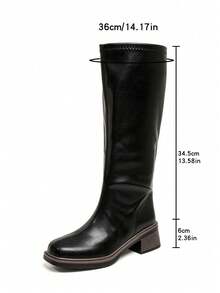 Side Zipper Split Seam Square Toe Straight Leg Tall Boots Minimalist Wood Grain Layered Chunky Heel Vintage Versatile Knee-High Boots Suitable For Daily Wear - Black - View 6
