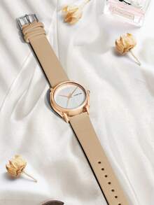 LUCKYFOX Women's Quartz Watch Round Textured Dial Minimalist PU Strap Light Luxury Fashion Watch Suitable For Daily Wear And Holiday Gifts - Apricot - View 3