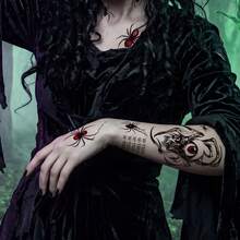8 Sheets Halloween Spider Web Temporary Tattoo Stickers, Long-Lasting Easy To Apply And Remove, Self-Adhesive Red Black Spider Skull Gothic Face Body Decals For Cosplay Haunted House Carnival Decor - Black - View 4