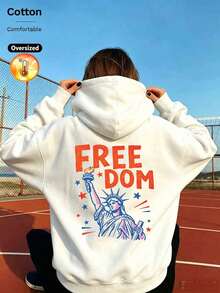 2026 Fall Winter Custom Loose White Hoodie For Women, Statue Of Liberty Print With Red Blue Stars And Stripes, Streetwear Y2K Style - White - View 13