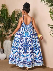BIUBIU Elegant Plus Size Cami Maxi Dress, Boho Blue Floral Print Ruffle Hem Sundress, Sleeveless Spaghetti Strap Backless Woven Fabric For Beach Outfits - Blue - View 2
