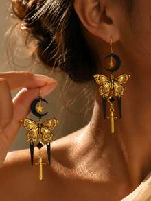 1 Pair Fashion Vintage Exquisite Distressed Star & Moon Textured Butterfly Rhombus Dangle Long Tassel Earrings For Women, Suitable For Daily Commute, Vacation, Party, Banquet - Gold - View 2