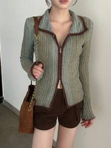 Sweater Vintage Seksi untuk Wanita, Model Baru, Blok Warna, Potongan Ramping, Atasan Kerah Mewah, Patchwork Acak, Musim Gugur - Hijau - View 2