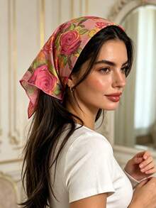 4/1pc Women's Vintage Rose Floral Print Triangular Headscarf, Soft Satin Flower Headwrap, Multi-Functional Retro Hair Accessory Suitable For Travel, Dating, Picnic, Photography, Oil Painting-Like Aesthetic - Multicolor - View 9