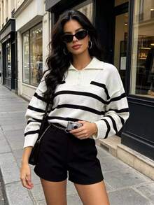 Autumn/Winter New Button Polo Collar Women's Striped Base Layer Top, Fashionable High-End Minimalist Pullover Versatile Sweater - White - View 8